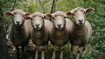 Fototapeta premium Four sheep posing, forest background, rural scene, farm animals