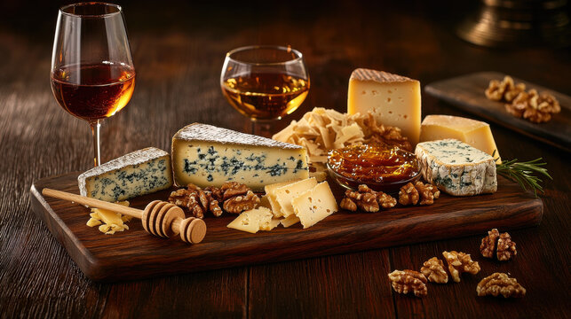 Stylish luxury food, luxurious cheese board with aged cheeses, honey, and nuts, perfect for gatherings