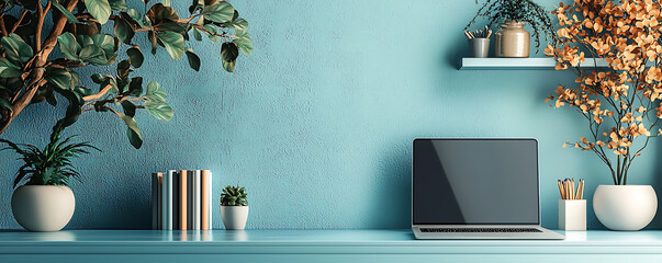 Desk with a laptop books and plants against a textured blue wall.