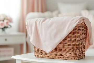 Wicker basket with pink cloth on table in bedroom