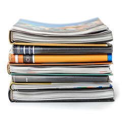 Stack of colorful books and magazines piled high on a white surface slightly blurred background.