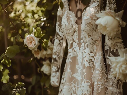 Ethereal Bridal Gown in Lush Garden with Intricate Lace and Floral Embroidery, Soft Sunlight and Pastel Blooms