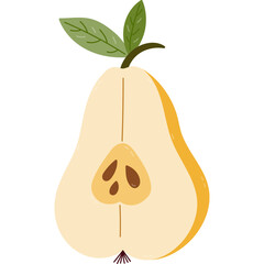 Lovely cartoon yellow pear cut in half with leaves and seeds. Childish clipart of autumn juicy and ripe fruit for trendy poster, design, print. Healthy vegan product isolated on white background.