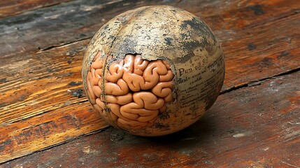 Fototapeta premium Cracked brain globe on wood floor