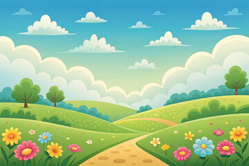 Fototapeta premium Sunny spring landscape with a path through colorful flowers