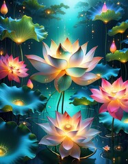 Luminous Lotus Flowers in Ethereal Style with Magical Teal Waters