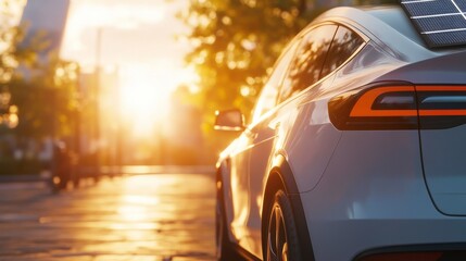 Eco-Friendly Electric Vehicle with Solar Panel at Sunset