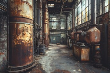 Naklejka premium Derelict industrial interior with rusty machinery and large windows.