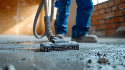 Construction Worker Vacuuming Debris on Site, A construction worker vacuuming debris on a concrete floor in a building site