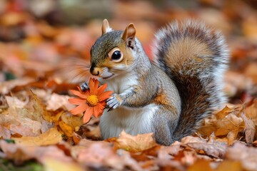 Fototapeta premium Adorable Squirrel Holding a Flower in Nature