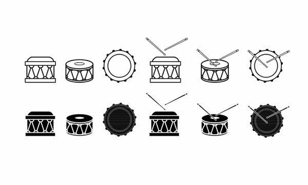 collection of drum icons in line and solid styles, featuring front, side, and top views. Perfect for music designs, apps, and branding.