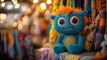 Colorful Handmade Monster Toy Sitting on Vibrant Ethnic Textiles