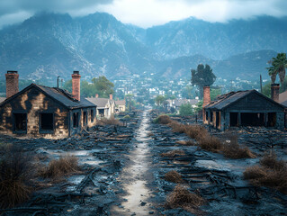 Burnt homes, mountain backdrop