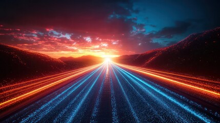 Sunrise highway, futuristic road.  Vibrant, digital path