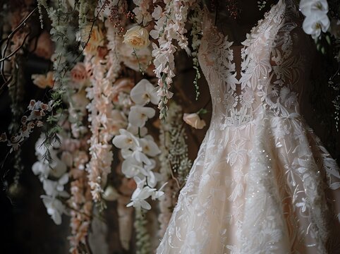 A close-up shot of a breathtaking bridal gown showcasing intricate floral embroidery on both the bodice and hem, capturing the elegance and grace of the design. The gown features delicate, nature-insp
