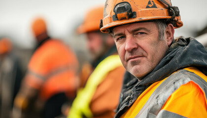 Industrial roofer dressed in bright safety gear sits at a construction site, showcasing a dedicated and hardworking spirit amidst coworkers