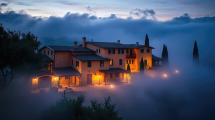 Illuminated Tuscan Villa Engulfed in Fog at Dusk for Travel Destination