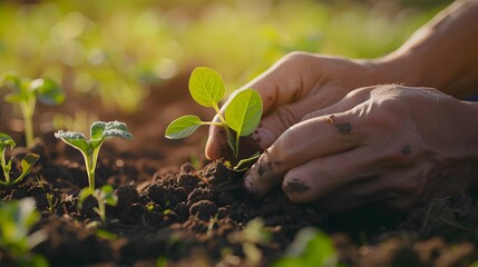 Fototapeta premium A person is planting a seedling in the dirt