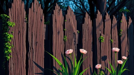 Flowers Blooming Near Old Wooden Fence with Vines and Trees Backdrop