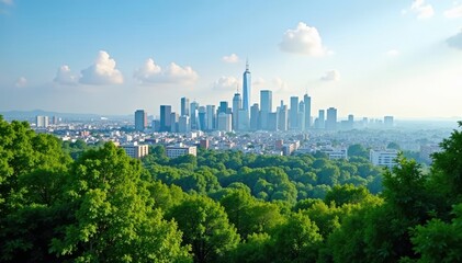 Fototapeta premium City skyline fading into lush forest, green buildings, eco architecture, modern architecture