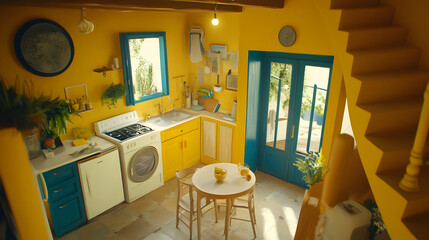 Bright and cheerful kitchen with modern table and chairs surrounded by stylized geometric patterns in vibrant colors for a cozy atmosphere.