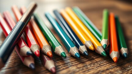 Naklejka premium Arrangement of Colorful Drawing Pencils on Wooden Surface Still Life