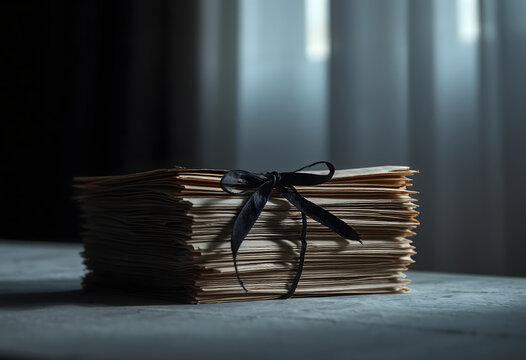 A stack of old letters tied with a ribbon on a table, Trauer theme.