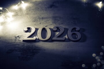 Fototapeta premium New Year Celebration With the Year 2026 Displayed on a Textured Surface Surrounded by Soft Lighting Generative AI