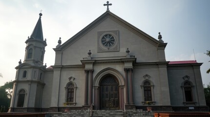 Obraz premium Visiting Historic Church with Tower and Cross Under a Clear Sky