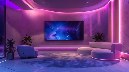 A 3D-rendered TV studio with a wall-mounted TV serves as an ideal backdrop for TV shows, news broadcasts, and green screen or chroma key video and photo