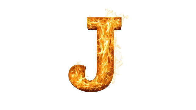 Burning letter j, fiery alphabet character igniting the dark background burning