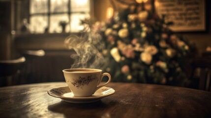 Fototapeta premium Enjoying Warm Coffee in a Cozy Cafe with Flower Arrangement