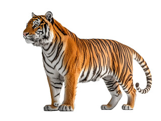 Fototapeta premium Majestic Bengal tiger in side profile standing on white background / PNG