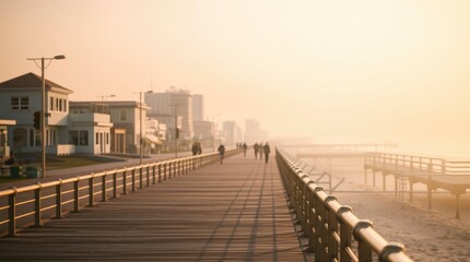Obraz premium Walking Along Wooden Boardwalk at Seaside with Buildings and Light Haze