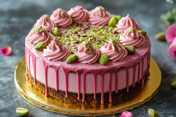 Elegant Pistachio And Raspberry Layer Cake With Whipped Cream