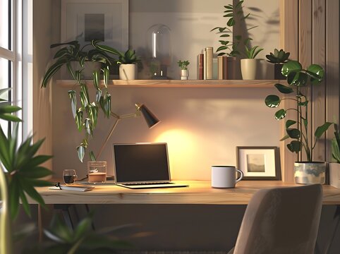A cozy and minimalist home office setup in a modern apartment, with a wooden desk, laptop, coffee mug, indoor plants, and soft lighting. The workspace is designed for productivity and comfort