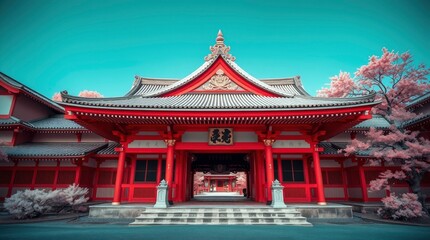 Obraz premium Exploring Traditional Japanese Architecture with Red Details and Pink Cherry Blossoms