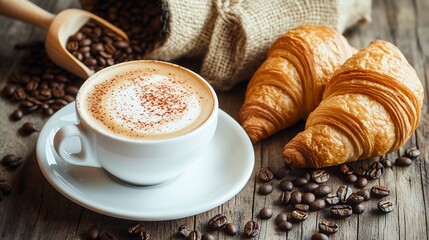 Delicious Cappuccino with Croissants and Coffee Beans on Rustic Wood Table