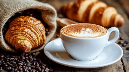 Enjoying Cappuccino with Croissants and Coffee Beans on Wooden Background