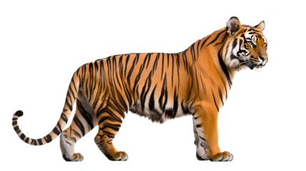 Majestic Bengal tiger in side profile standing on white background / PNG