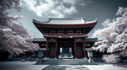 Fototapeta premium Infrared Temple View with Cherry Blossoms and Cloudy Sky