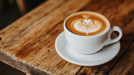 Coffee cup with latte art on rustic wooden table for breakfast