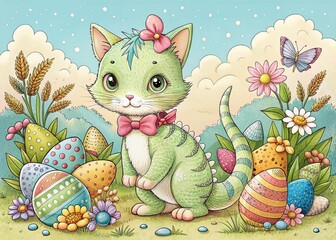 Vintage Easter Dinosaur Kitten Coloring Page: Simple Clean Line Art