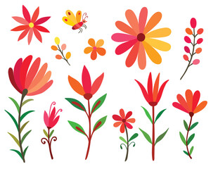 Set floral of wildflower, leaf branch, foliage on white background.