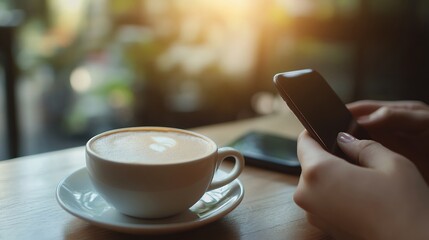 Drinking coffee and using smartphone in cafe on a sunny day