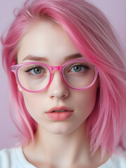 Fototapeta premium Mujer de cabello fantasía y gafas color rosa en un entorno moderno