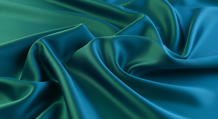 Fototapeta premium Blue and green silk satin fabric. Elegant teal color background. Liquid wave or silk soft wavy folds. Beautiful turquoise fabric background with copy space for your design