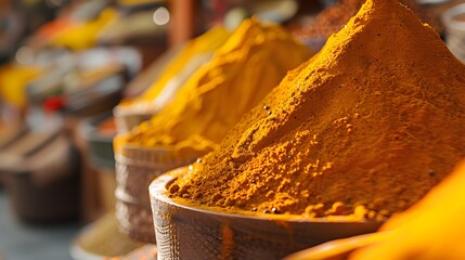 A bowl of yellow spices is displayed on a table