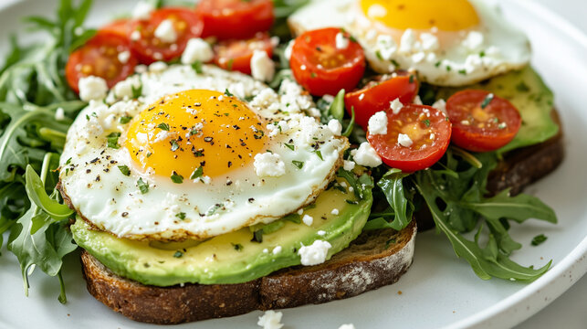 An egg and avocado toast on a white plate with an arugula salad, red cherry tomatoes, and feta cheese sprinkled over the avocados. Golden fried eggs are stacked on top of the open-faced piece of bread