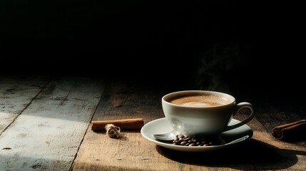 Enjoying Hot Coffee with Cinnamon on Rustic Wood Table
